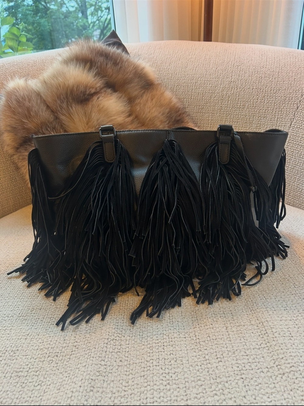 Aldo Black Fringe Satchel with Tassel Detail